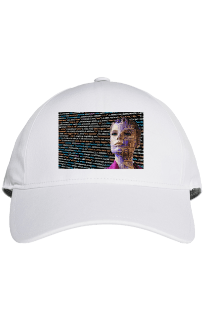 Кепка з принтом "Штучний Розум". Айті, айтішник, гик, жінка, знання, інженер, інтелект, кібер, кібернетика, кіборг, код, комп, комп`ютерник, кристал, машинне навчання, мікросхема, мозок, портрет, програміст, професіонал, професія, розробник, розум, світиться, світло, хакер, чіп, штучний інтелект, штучний розум. 2070702