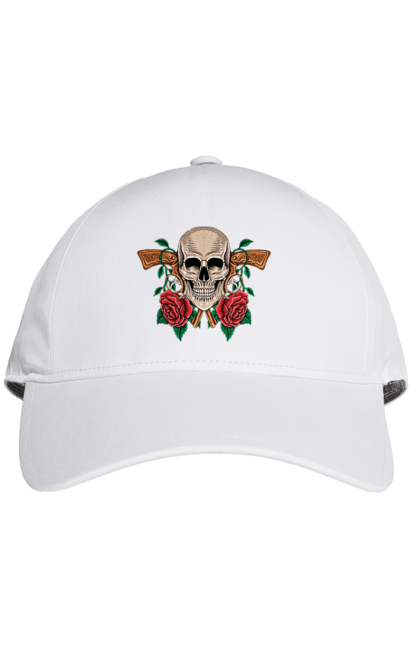 Cap with prints Skull with roses. Bones, eyes, flowers, gun, leaves, rose flower, scull, spikes, teeth. 2070702