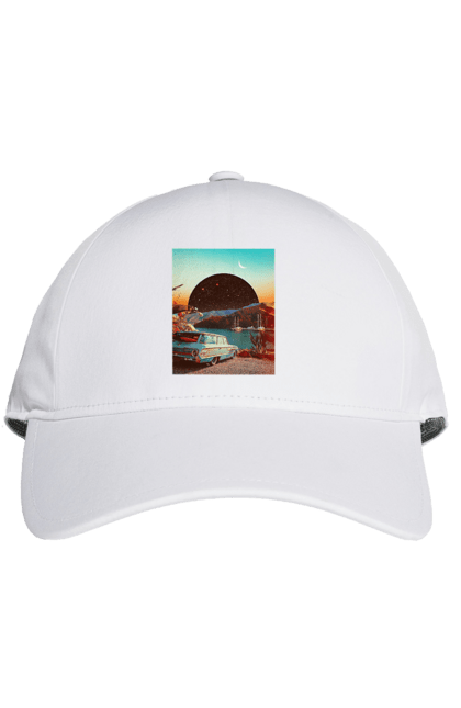 Cap with prints Painting, car by the river. Joke, machine, picture, planet, retro, river. 2070702