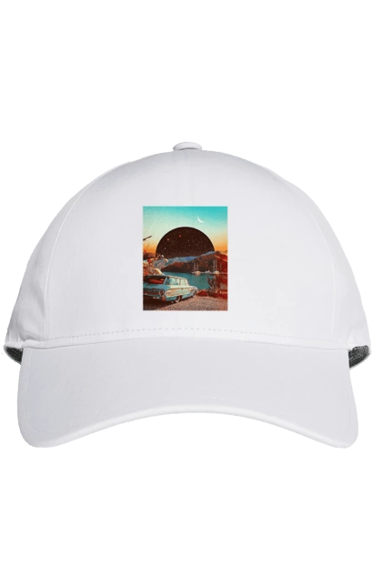 Cap with prints Painting, car by the river. Joke, machine, picture, planet, retro, river. 2070702