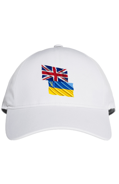 Кепка з принтом "Прапор Великої Британії, прапор України, Підтримка України". Британія, велика британія, війна, киев, мир, національні кольори, прапор, прапор британії, прапор великої британії. 2070702