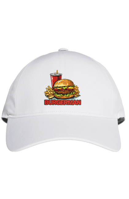 Кепка з принтом "Burgerman". Бургер, для чоловіків, їжа, літні, макдональдс, прикольні, трендові, фаст фуд, чоловічі. 2070702