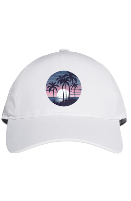 Кепка з принтом "Пальмовий пляж  На заході сонця". Море, пальма, пальми, пальмовий пляж, пляж. CustomPrint.market