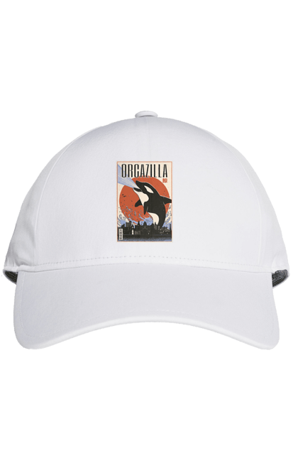 Cap with prints Orcazilla. Cartoon style design, graphic, japan print, japanese, japanese art, japanese poster, japanese poster orca, ocean wildlife, orca, orcazilla. 2070702