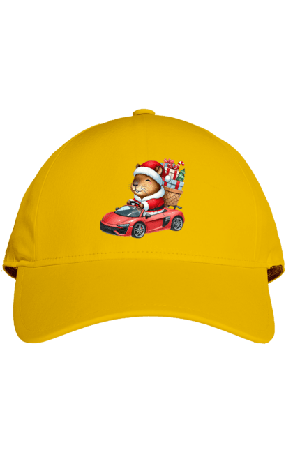 Cap with prints Christmas Capybara with a Gift. Animal, capybara, car, christmas, christmas capybara, gift, holiday, new year, new year`s gift, santa. 2070702