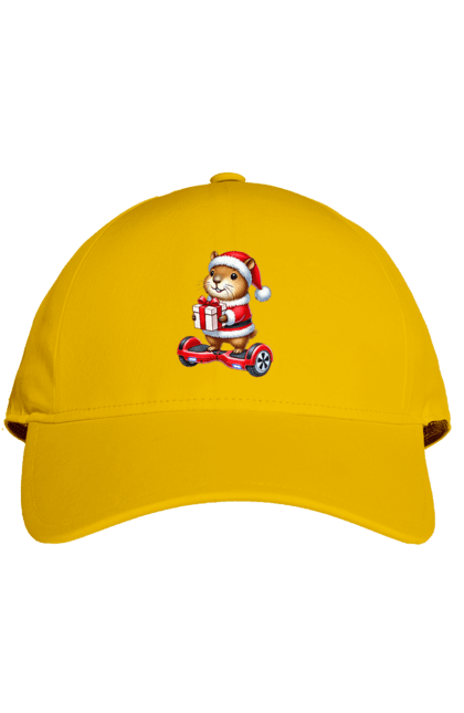 Cap with prints Christmas Capybara with a Gift. Animal, capybara, christmas, christmas capybara, gift, holiday, new year, new year`s gift, santa. 2070702