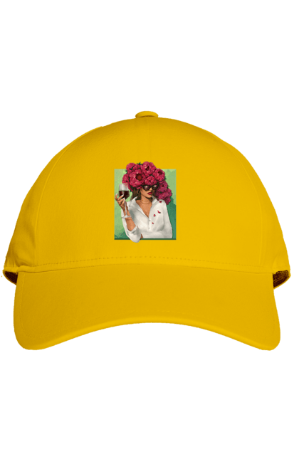 Кепка з принтом "Дівчина з півоніями та келихом". Вино, дівчина, квітка, келих, літо, окуляри, півонії, сорочка. 2070702