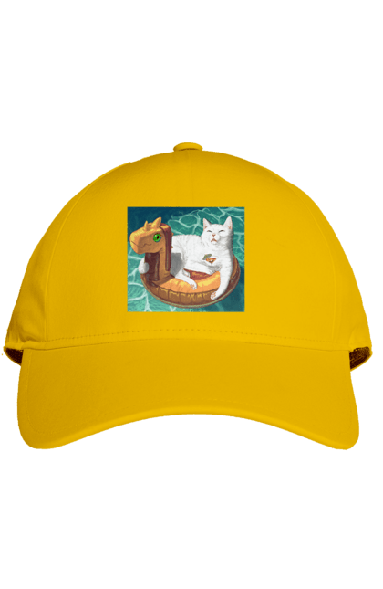 Кепка з принтом "Білий кіт у плавальному колі, на відпочинку". Басейн, відпочинок, кіт, коктейль, море, плавальний круг. 2070702