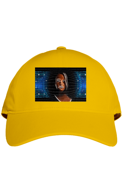 Кепка з принтом "Штучний Розум". Айті, айтішник, гик, жінка, знання, інженер, інтелект, кібер, кібернетика, кіборг, код, комп, комп`ютерник, кристал, машинне навчання, мікросхема, мозок, портрет, програміст, професіонал, професія, розробник, розум, світиться, світло, хакер, чіп, штучний інтелект, штучний розум. 2070702