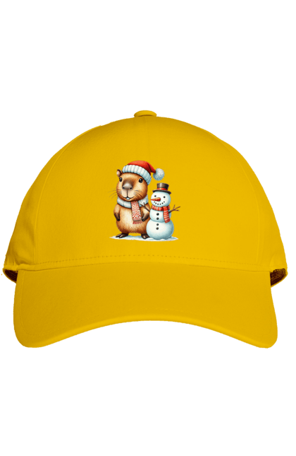 Cap with prints Capybara and Snowman. Animal, capybara, christmas, christmas capybara, gift, holiday, new year, new year`s gift, santa, snowman. 2070702