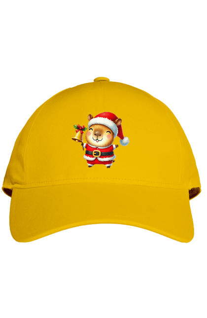 Cap with prints Funny capybara with a bell. Animal, bell, capybara, christmas, christmas capybara, gift, holiday, new year, new year`s gift, santa. 2070702