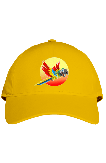 Кепка з принтом "Папуга На Тлі Сонця". Ара, веселий, відпочинок, відпустка, диск, жарко, жовтий, коло, кольоровий, крила, літає, літо, папуга, папужка, пір`я, політ, помаранчевий, птах, різнокольоровий, сонце, сонячно, спека, тепло, тропіки, у польоті, червоний. 2070702