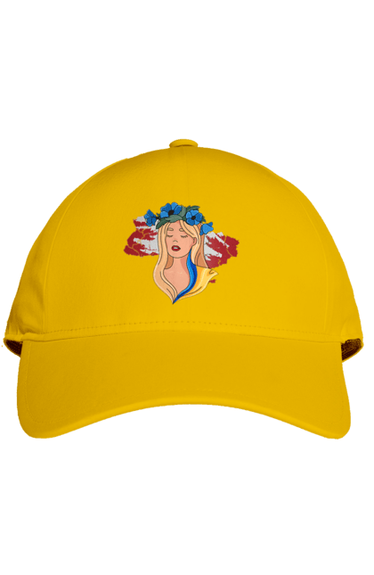 Cap with prints Girl on the map of Ukraine. Blue, flag, flowers, girl, girl on the map, map of ukraine, red, ukraine, yellow. 2070702