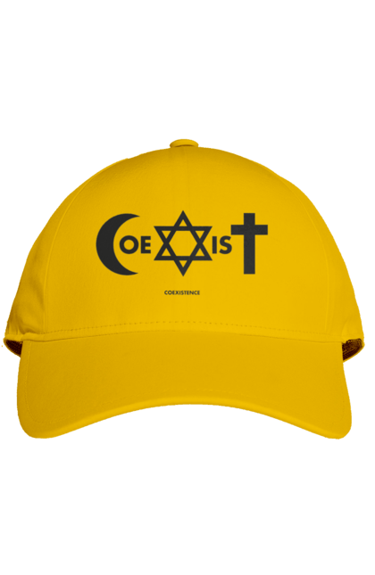 Кепка с принтом Coexist. Coexist, ислам, иудаизм, межрелигиозный диалог, равенство, религия, символы веры, толерантность, христианство. 2070702