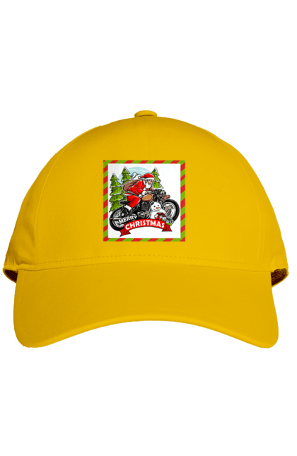 Cap with prints Santa on a motorcycle. Christmas, motorcycle, new year, presents, santa, snowman, tree. 2070702