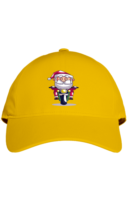 Кепка з принтом "Щасливий Санта на мотоциклі". 2022, дід мороз, зима, мотоцикл, новий рік, різдво, санта, сніг. 2070702