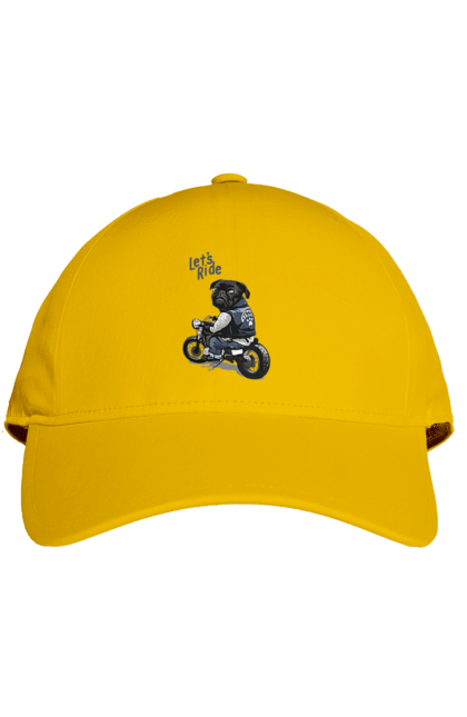 Кепка з принтом "Мопс на мотоциклі". Байкер, мопс, мотоцикл, собака, тварини. 2070702