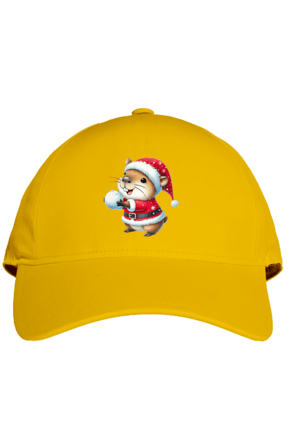 Cap with prints Capybara playing snowballs. Animal, capybara, christmas, christmas capybara, game, gift, holiday, new year, santa, snowballs. 2070702