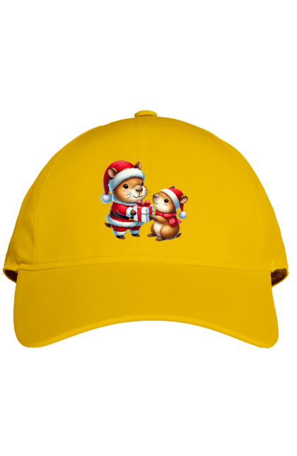 Cap with prints Christmas Capybara with a Gift. Animal, capybara, christmas, christmas capybara, gift, holiday, new year, new year`s gift, santa. 2070702