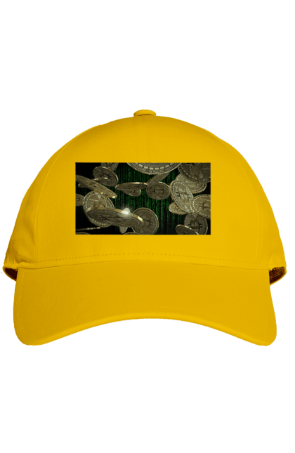 Cap with prints Bitcoin. Bitcoin, coin, cryptocurrency, currency, digital world, luxury, matrix, mining, money, wealth, well. 2070702