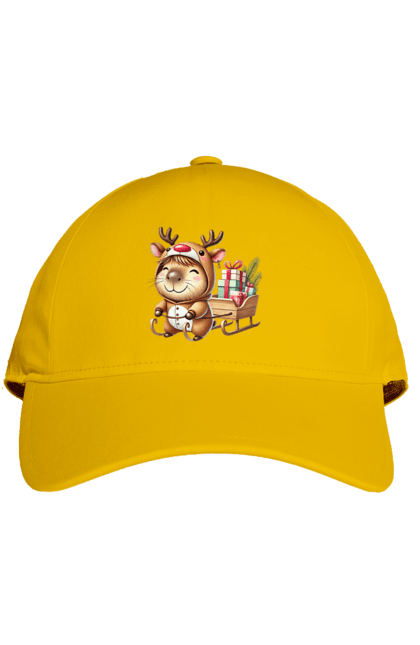 Cap with prints Christmas Capybara with a Gift. Animal, capybara, christmas, christmas capybara, gift, holiday, new year, new year`s gift, santa. 2070702