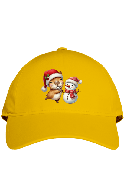 Cap with prints Capybara and Snowman. Animal, capybara, christmas, christmas capybara, gift, holiday, new year, new year`s gift, santa, snowman. 2070702