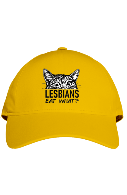 Cap with prints What do lesbians eat?. Funny inscriptions, humor, jokes, kittens, lesbians, lgbt. 2070702