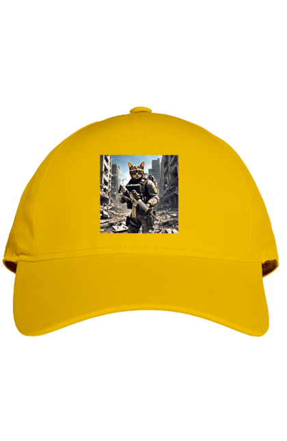 Кепка з принтом "Кіт десантник". Бронежилет, війна, військовий, гвинтівка, захисник, камуфляж, кіт, рушниця. 2070702