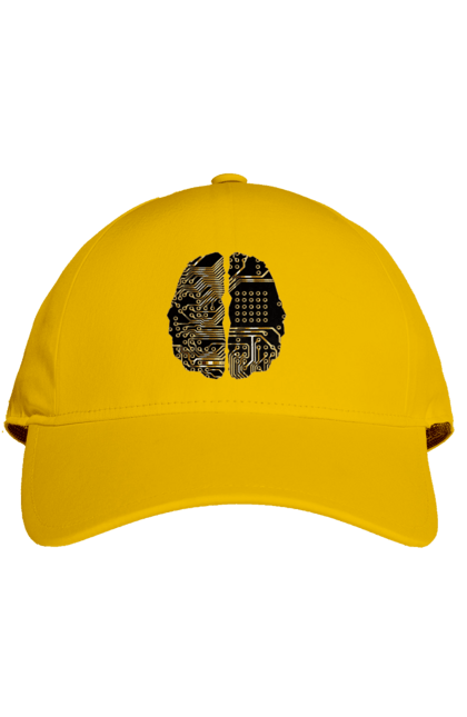 Кепка з принтом "Мозок Айті". Айті, айтішник, гик, знання, золотий, золото, інженер, кібер, кібернетика, кіборг, код, комп, кристал, мікросхема, мозок, програміст, професіонал, професія, розробник, розум, чіп. 2070702