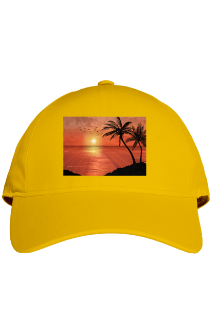 Кепка з принтом "Захід Пальми Море". Берег, захід, море, пальми. 2070702