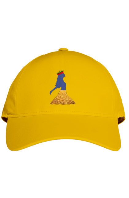 Cap with prints Ukraine. Girl, national colors, poppies, sky, wheat field, wreath, yellow blue. 2070702