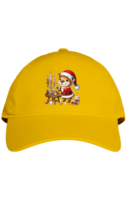 Cap with prints Capybara and Christmas Dinner. Animal, capybara, christmas, christmas capybara, christmas dinner, gift, holiday, new year, new year`s gift, santa. 2070702