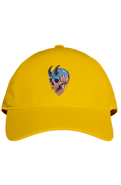 Cap with prints Skull with horns. America, bones, dye, flag, horns, scull, states, teeth, usa. 2070702