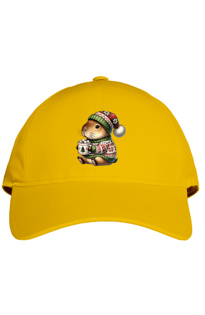 Cap with prints Capybara with hot chocolate. Animal, capybara, christmas, christmas capybara, gift, holiday, hot chocolate, new year, santa. 2070702