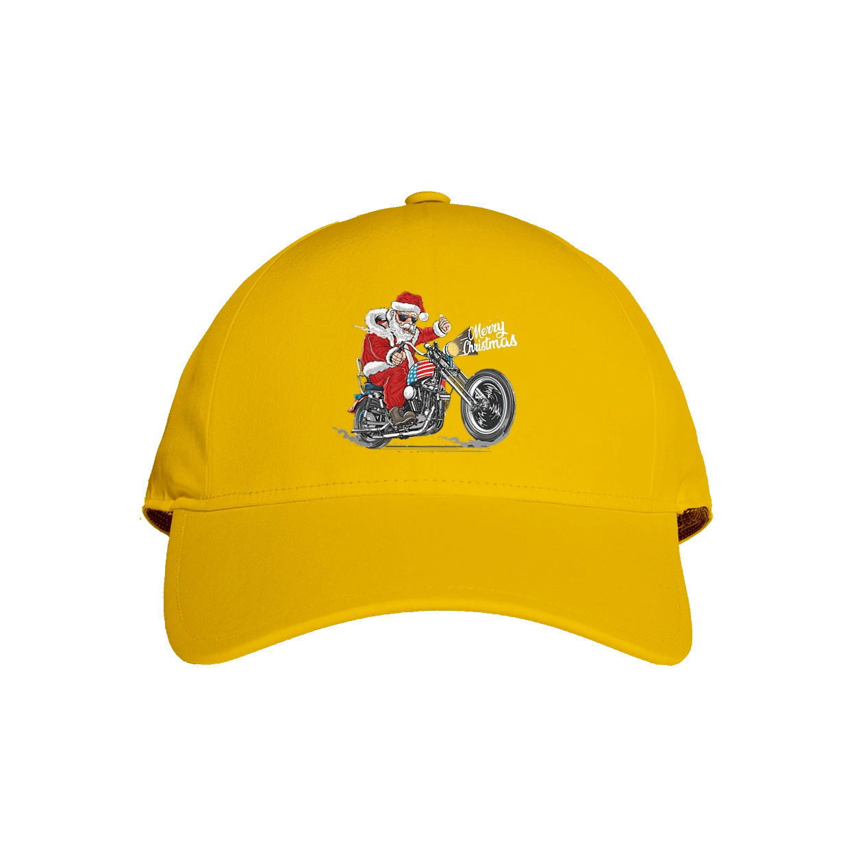 Santa in glasses on a motorcycle