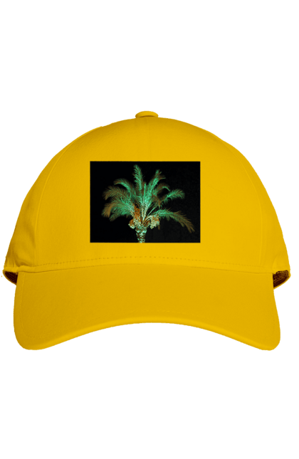 Кепка з принтом "Фінікова Пальма Вночі". Берег, відпочинок, відпустка, зелений, море, ніч, оазис, океан, острів, пальма, південь, подорож, пригоди, тропіки, фінікова, чорне. 2070702