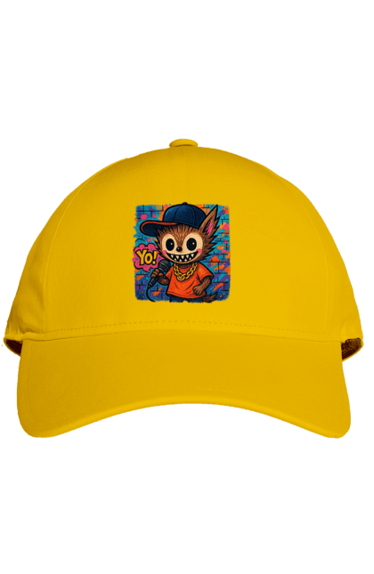 Кепка з принтом "Лабубу". Бейсболка, вуличне мистецтво, графіті, золотийланцюг, лабубу, мікрофон, міський стиль, репатмосфера, хіпхоп, яскраво. 2070702