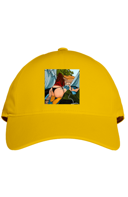 Cap with prints Rest With Favorite In The Tent. Ass, dog, tent, vacation. 2070702