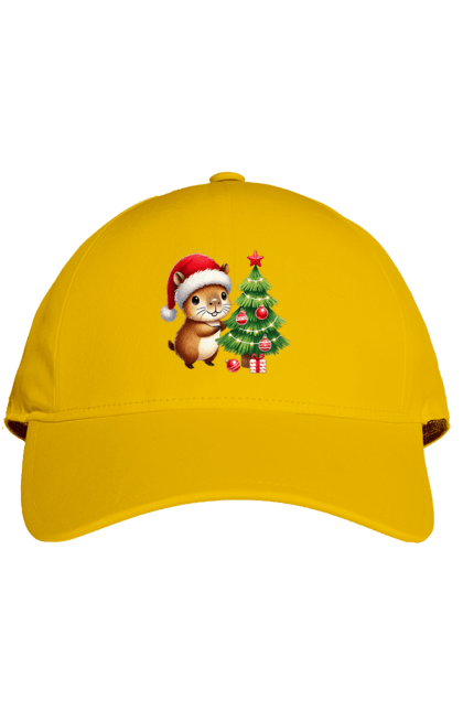 Cap with prints Christmas Capybara with a Tree. Animal, capybara, christmas, christmas capybara, christmas tree, gift, holiday, new year, new year`s gift, santa. 2070702