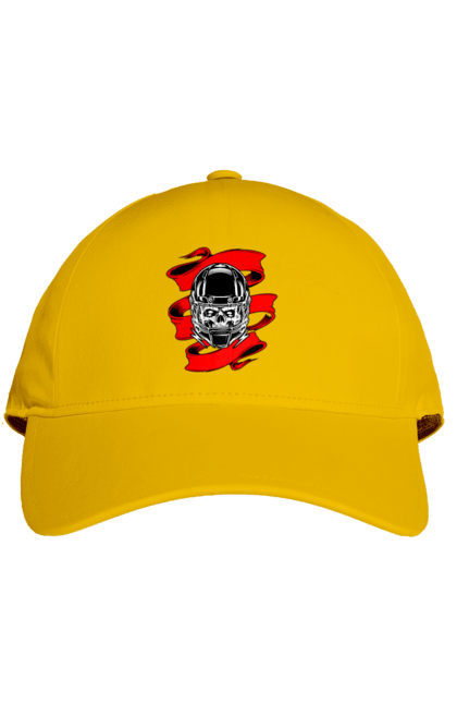 Cap with prints Skull in a motorcycle helmet. Helmet, moto, skull, tape. 2070702