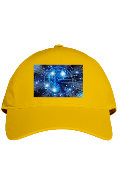 Кепка з принтом "Штучний інтелект". Айті, айтішник, гік, знання, інженер, інтелект, кібер, кібернетика, кіборг, код, комп, комп`ютерник, кристал, машинне навчання, мікросхема, мозок, портрет, програміст, професіонал, професія, розробник, розум, хакер, чіп, штучний інтелект, штучний розум. 2070702