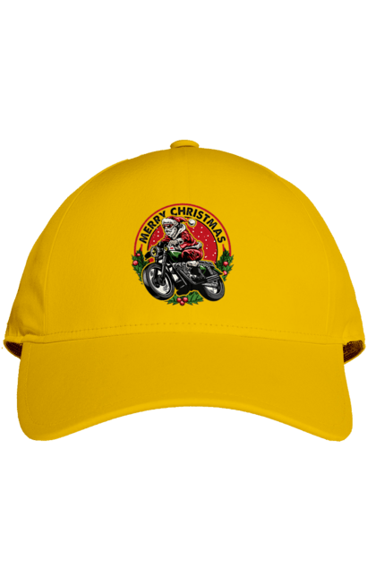 Кепка з принтом "Щасливого Різдва, дід мороз на мотоциклі". 2022, дід мороз, зима, мотоцикл, новий рік, подарунки, різдво, санта, сніг. 2070702