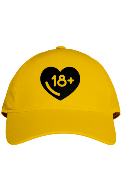 Cap with prints 18+. 18+, black, heart, prohibition, sex. 2070702
