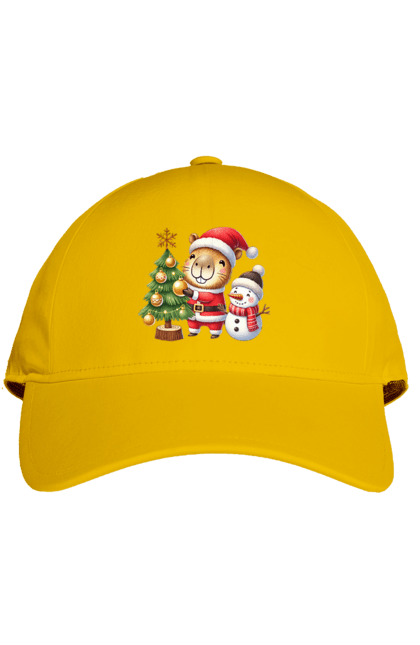 Cap with prints Christmas Capybara with a Tree. Animal, capybara, christmas, christmas capybara, christmas tree, gift, holiday, new year, new year`s gift, santa. 2070702