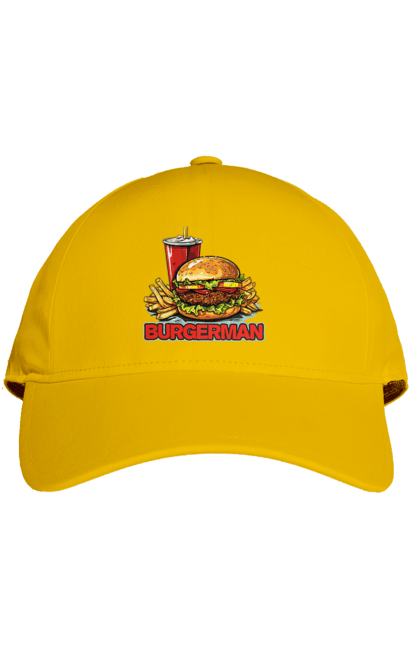 Кепка з принтом "Burgerman". Бургер, для чоловіків, їжа, літні, макдональдс, прикольні, трендові, фаст фуд, чоловічі. 2070702