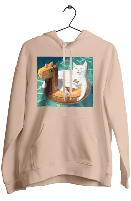 Жіноче худі з принтом "Білий кіт у плавальному колі, на відпочинку". Басейн, відпочинок, кіт, коктейль, море, плавальний круг. 2070702