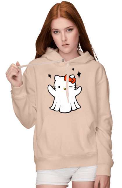 Женское худи с принтом Хелло Китти Хэллоуин. Ghost, halloween, hello kitty, бренд, кот, котенок, персонаж, привидение, хелло китти, хэллоуин. 2070702