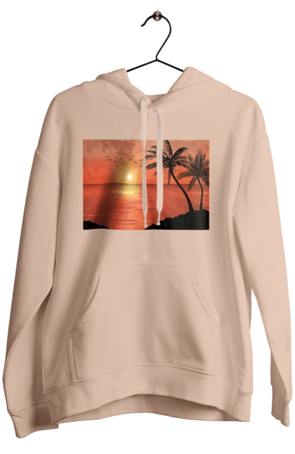Women`s hoodie with prints West Palm Sea. Palm trees, sea, shore. 2070702