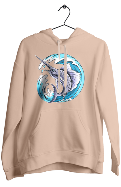 Women`s hoodie with prints Fish Sword And Wave. Swordfish, wave. 2070702