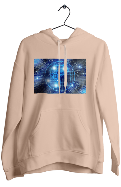 Жіноче худі з принтом "Штучний інтелект". Айті, айтішник, гік, знання, інженер, інтелект, кібер, кібернетика, кіборг, код, комп, комп`ютерник, кристал, машинне навчання, мікросхема, мозок, портрет, програміст, професіонал, професія, розробник, розум, хакер, чіп, штучний інтелект, штучний розум. 2070702